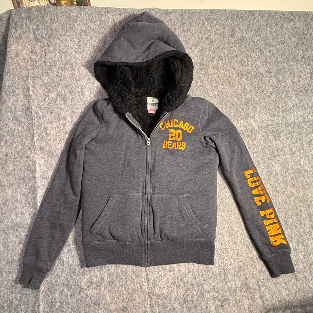 PINK Victoria's Secret‎ Chicago Bears NFL Sequin Zip Up Hoodie Sherpa Lined XS